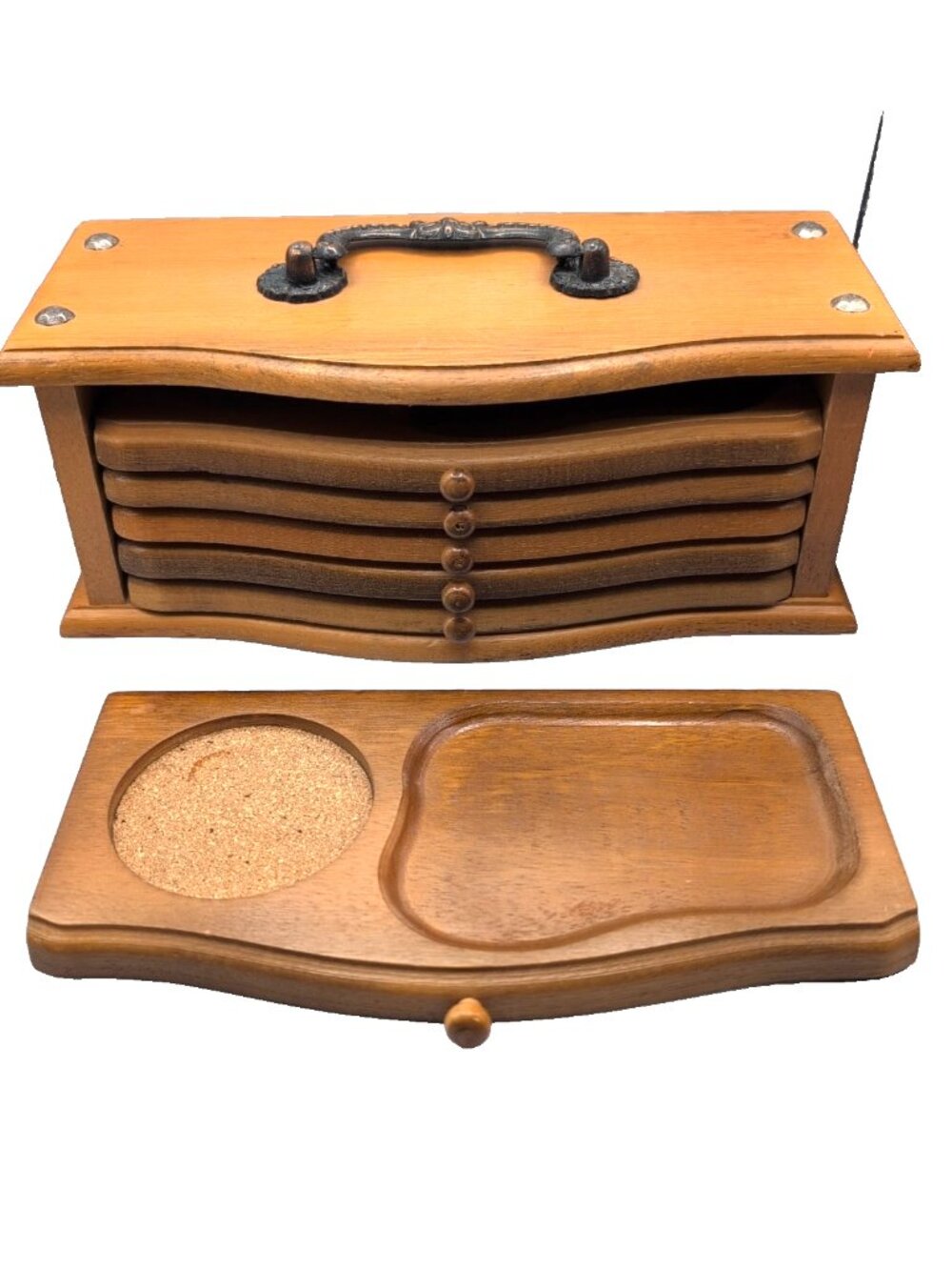 Large Vintage MCM Wood Coaster and Snack Tray Box Set Teak? Golden + Handle GUC